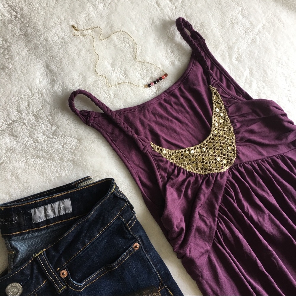 Gold Sequin Embellished Gypsy Collar Purple Tank - Picture 2 of 8